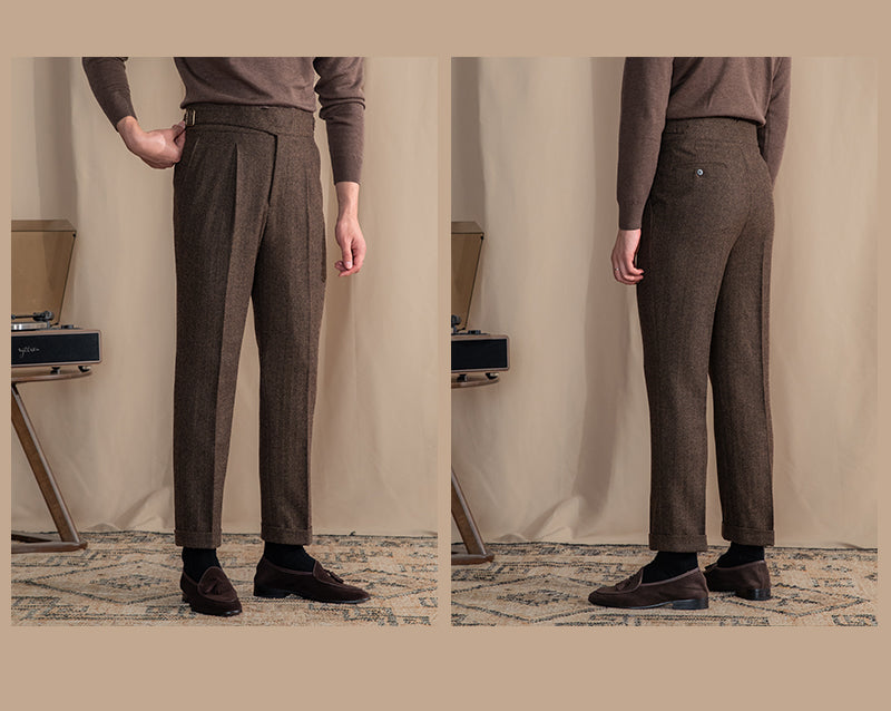Herringbone Pattern Auger Casual British Tweed Keep Warm High Waist Straight-leg Pants