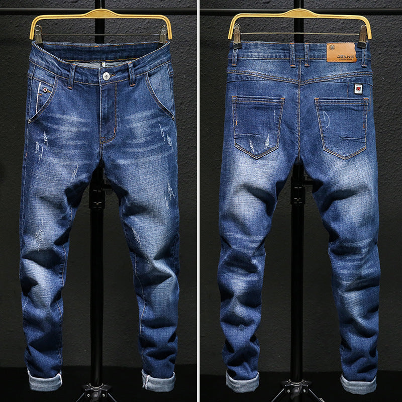 Autumn And Winter Men's Jeans Casual Fleece-lined Thickened Elastic Youth Slim Fit Feet Pants