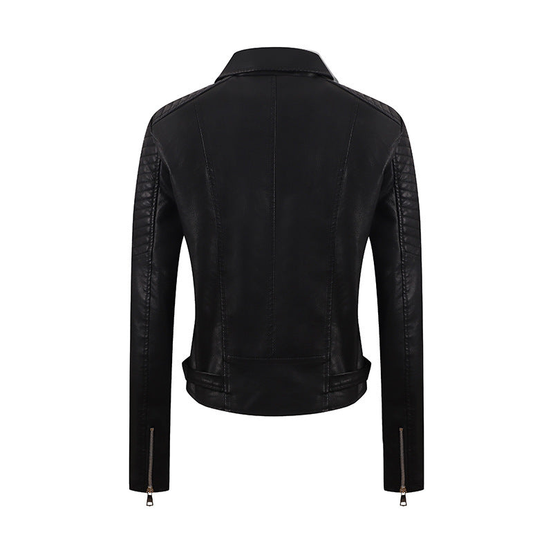 PU Women's Short Leather Oblique Pull Slim Motorcycle Clothing Washed Leather Jacket