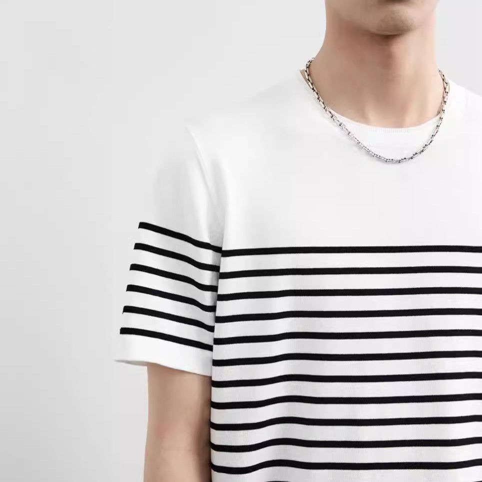 Soft Retro Navy Blue Shirt Short-sleeved T-shirt Men's Knitted Striped Top
