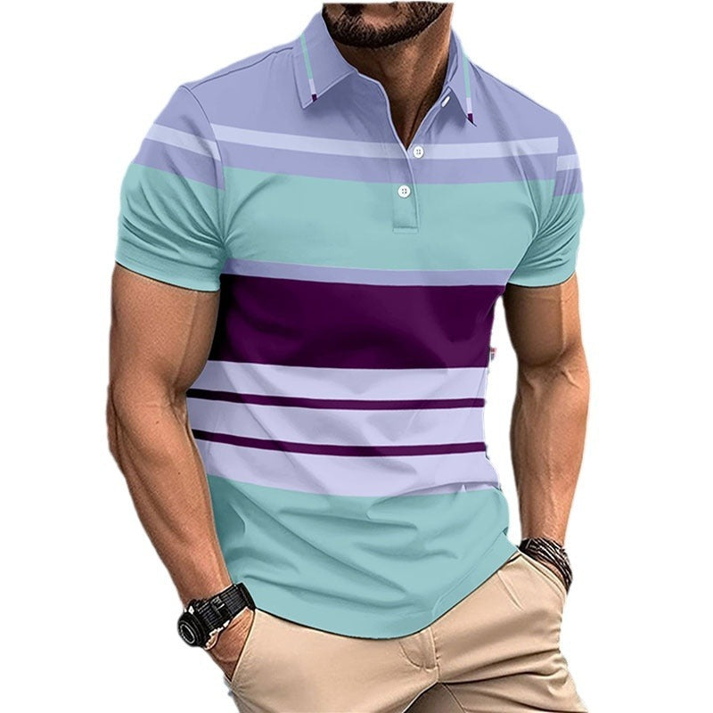 Printed Striped Button Polo Collar Top