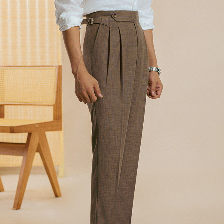 Men's Striped Double Pleated Straight Leg Pants