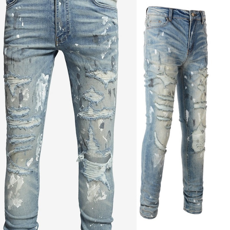 Torn Graffiti Old Wash Stretchy Slim Jeans Men