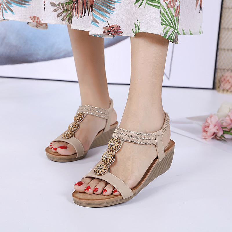 Wooden Bead Rhinestone Bohemian Wedge Comfortable Plus Size Sandals