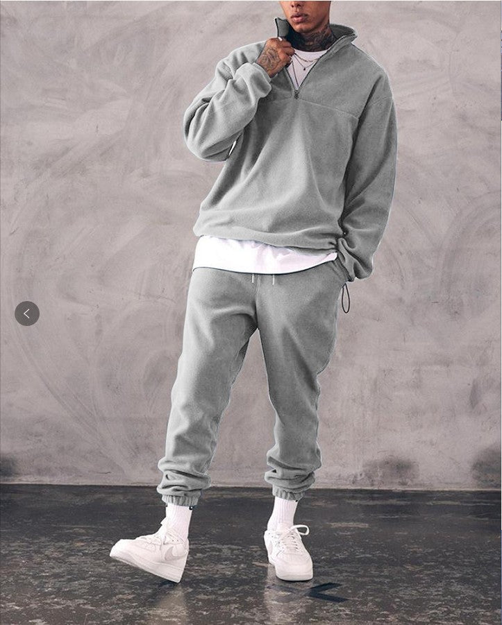 Casual Stand Collar Thickened Long-sleeved T-shirt Loose-fitting Fleece Pullover Men's Suit