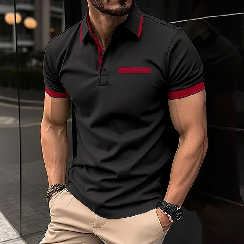 European And American Leisure Polo Shirt Chest Faux Pocket Lapel Button Business T-shirt Color Matching