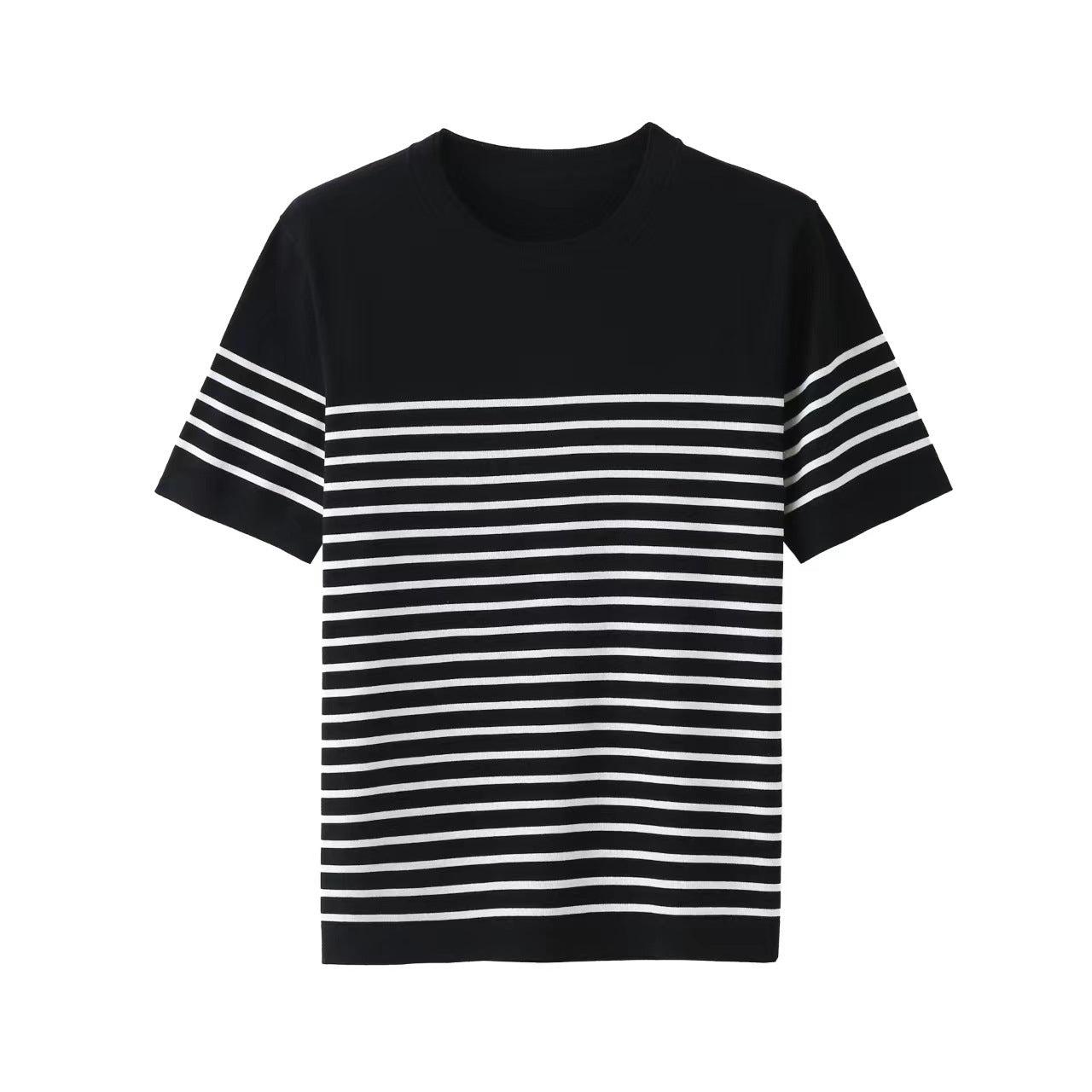 Soft Retro Navy Blue Shirt Short-sleeved T-shirt Men's Knitted Striped Top