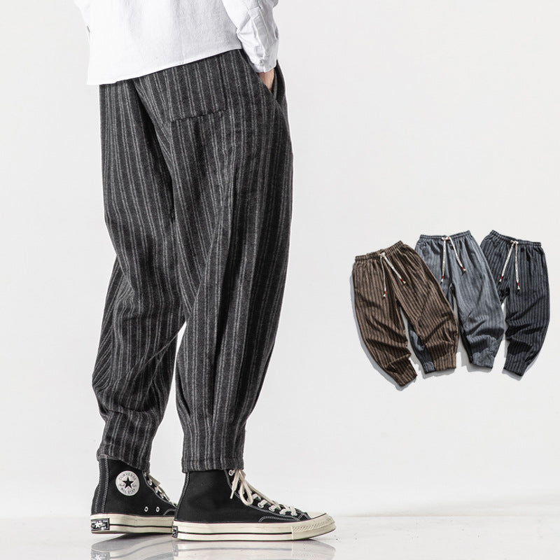 Striped Wool And Fleece Thickened Loose Chinese Style Overalls