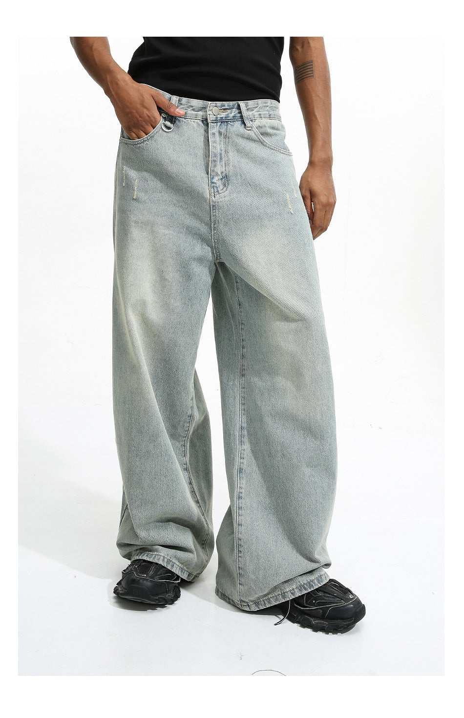 Men's Loose Washed-out Brushed White Light Blue Denim Coat Trousers