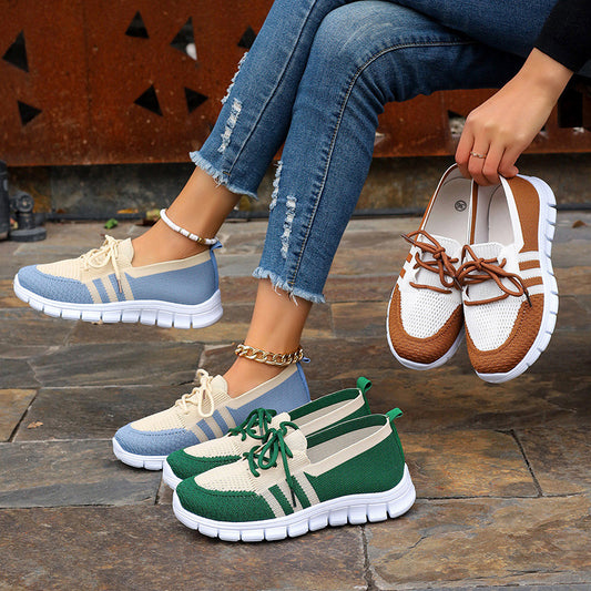 Women's Fly Woven Mesh Casual Sports Lace Color Block Flat Shoes