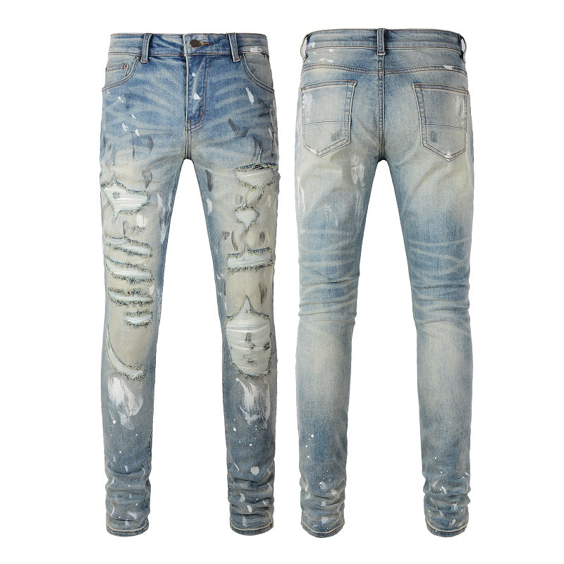 Torn Graffiti Old Wash Stretchy Slim Jeans Men