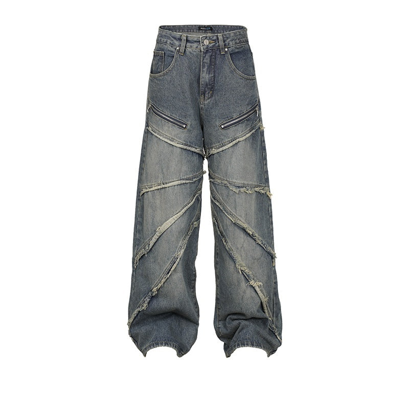 Zipper Pleated Deconstructed Stitching Edging Jeans Straight-leg Trousers