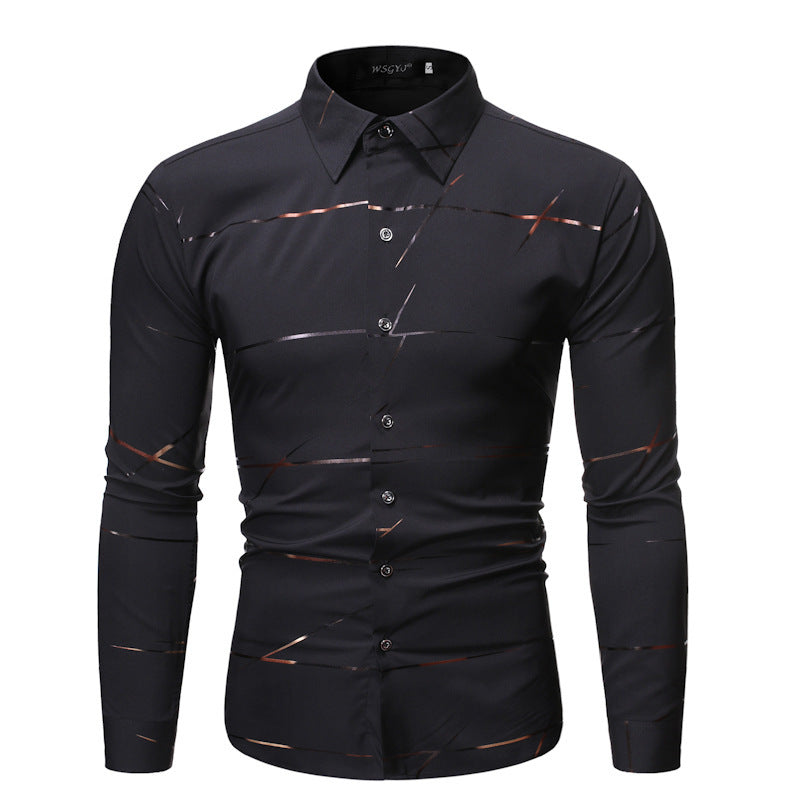 Fashion Henry Collar Design Shirt Line Bronzing Printing Long-sleeved Shirt For Men