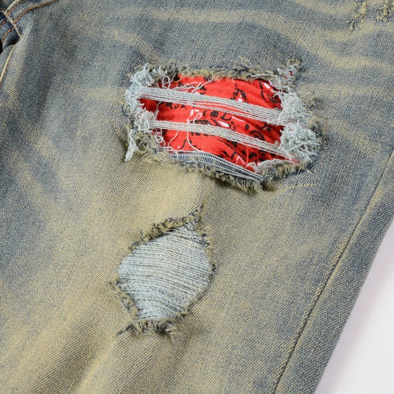 Red Printed Pleated Elastic Light Colored Jeans For Men