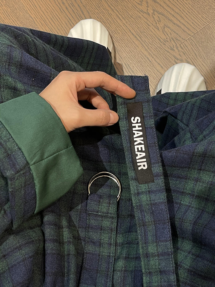 Retro Loose Profile Green Plaid Belt Casual Pants