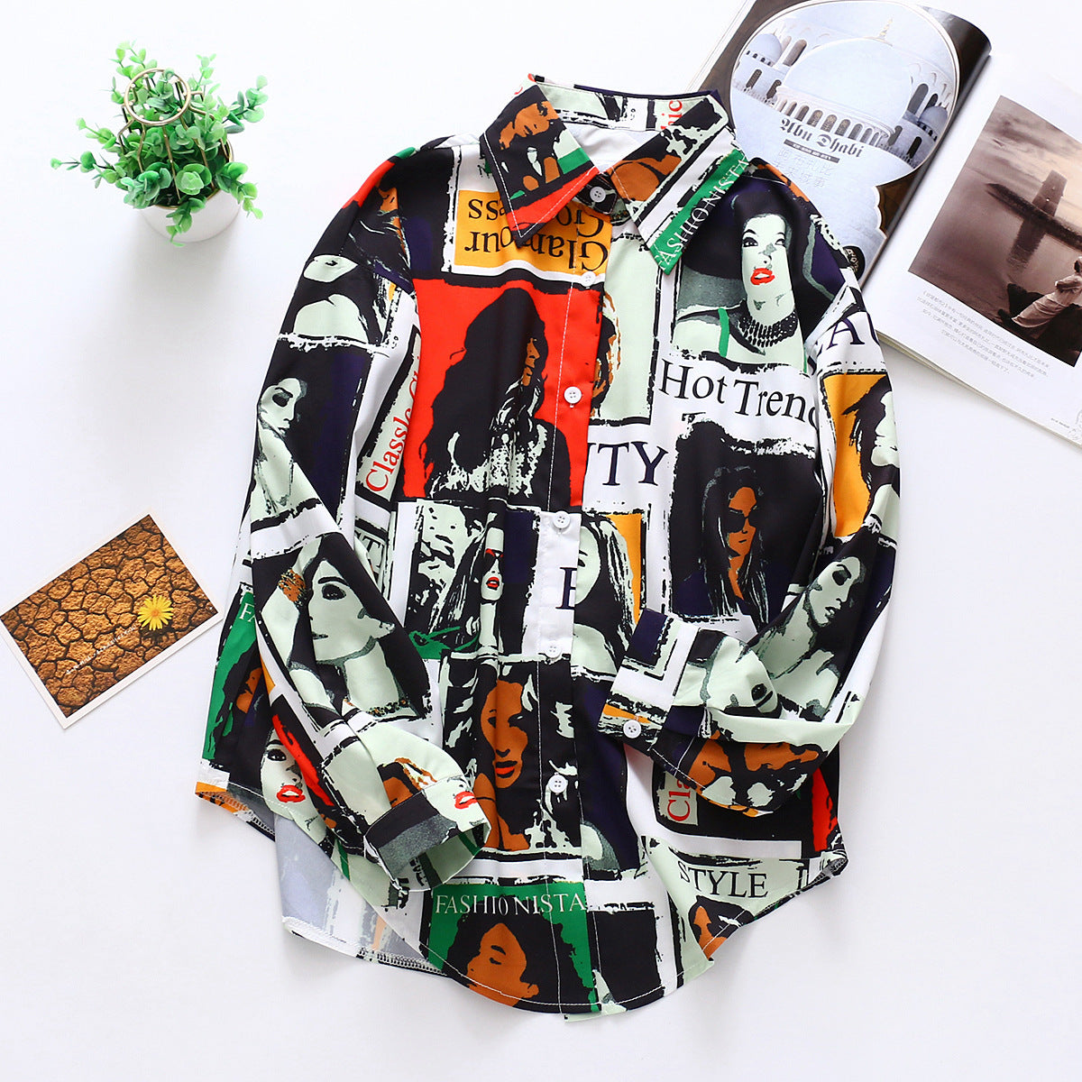 Portrait Beauty Pattern Harajuku BF Casual Loose Stand-up Collar Long Sleeve All-match Shirt