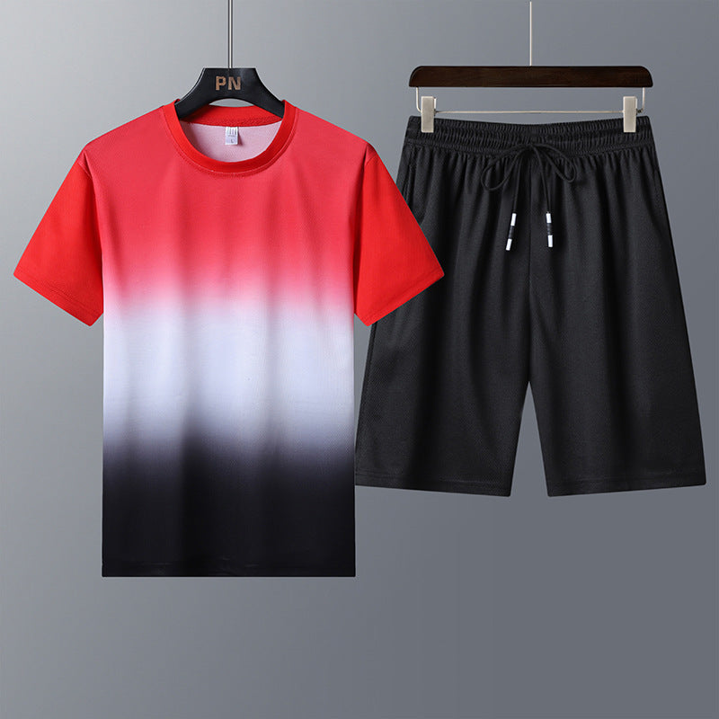 Sports Suit Men'S Round Neck Gradient Short-Sleeved Shorts Quick-Drying Running Casual Two-Piece Suit