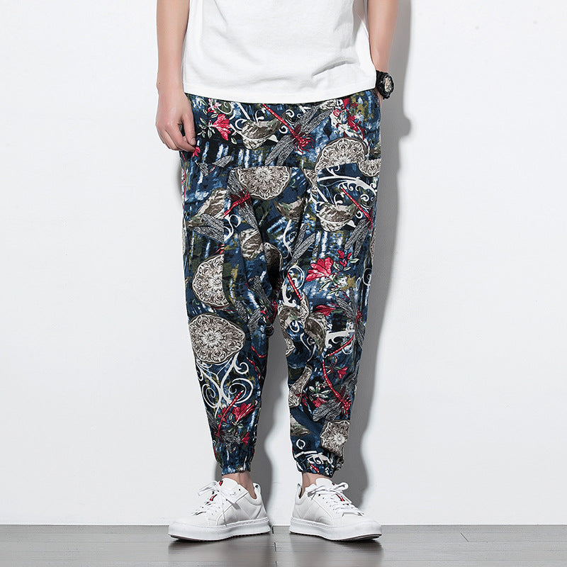 Foreign Trade Amazon 20 Spring And Summer Chinese Style Cotton And Linen Casual Pants Male Printing Long Pants Tide Large Size Loose Hip-Hop Pants