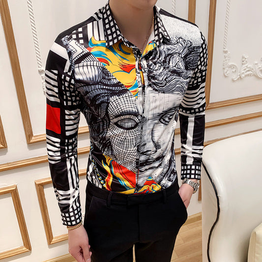 Black Rose Pattern Digital Printing Men's Long-sleeved Shirt