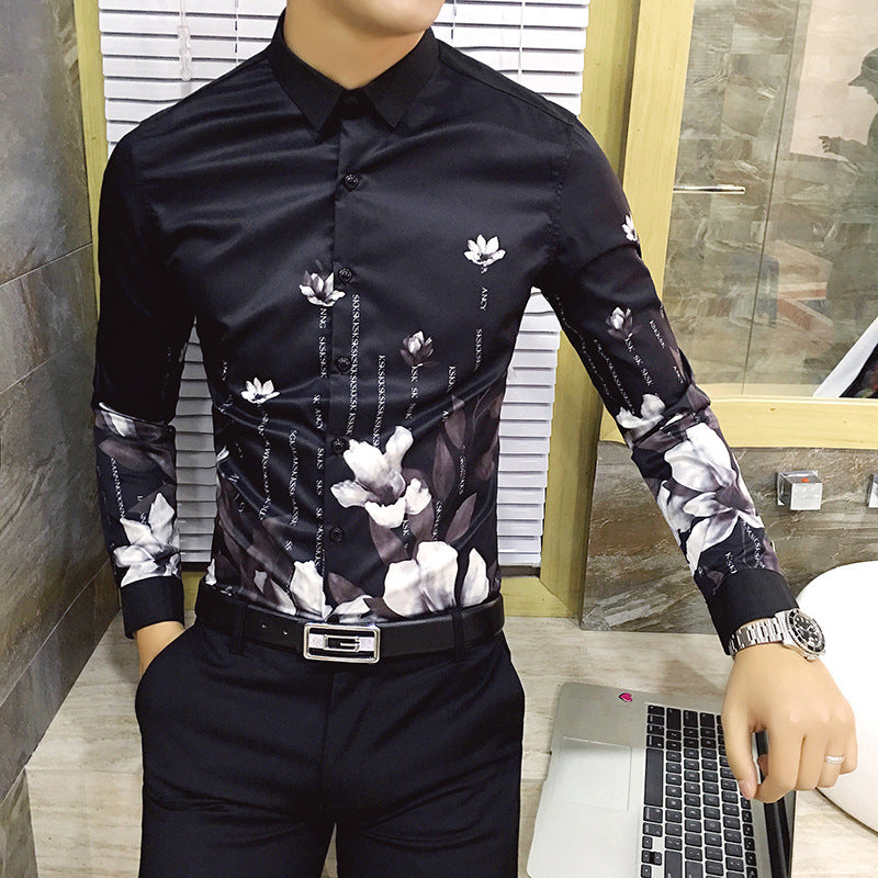 Black Rose Pattern Digital Printing Men's Long-sleeved Shirt