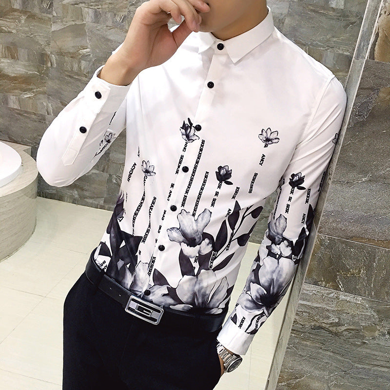 Black Rose Pattern Digital Printing Men's Long-sleeved Shirt