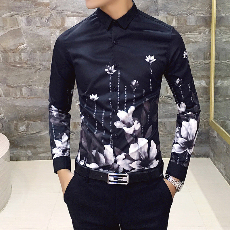 Black Rose Pattern Digital Printing Men's Long-sleeved Shirt