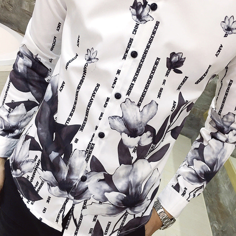 Black Rose Pattern Digital Printing Men's Long-sleeved Shirt