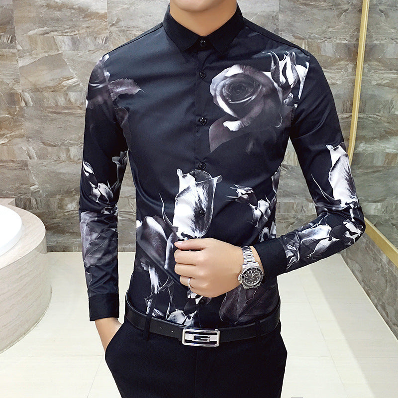 Black Rose Pattern Digital Printing Men's Long-sleeved Shirt