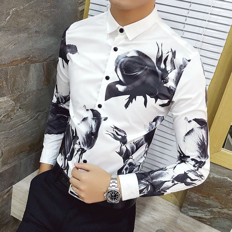 Black Rose Pattern Digital Printing Men's Long-sleeved Shirt