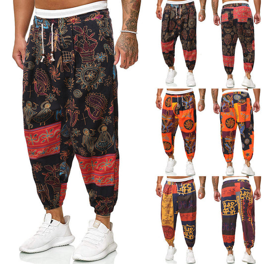 Casual Harem Pants Men's Ethnic Style Cotton And Linen Loose Cropped Trousers