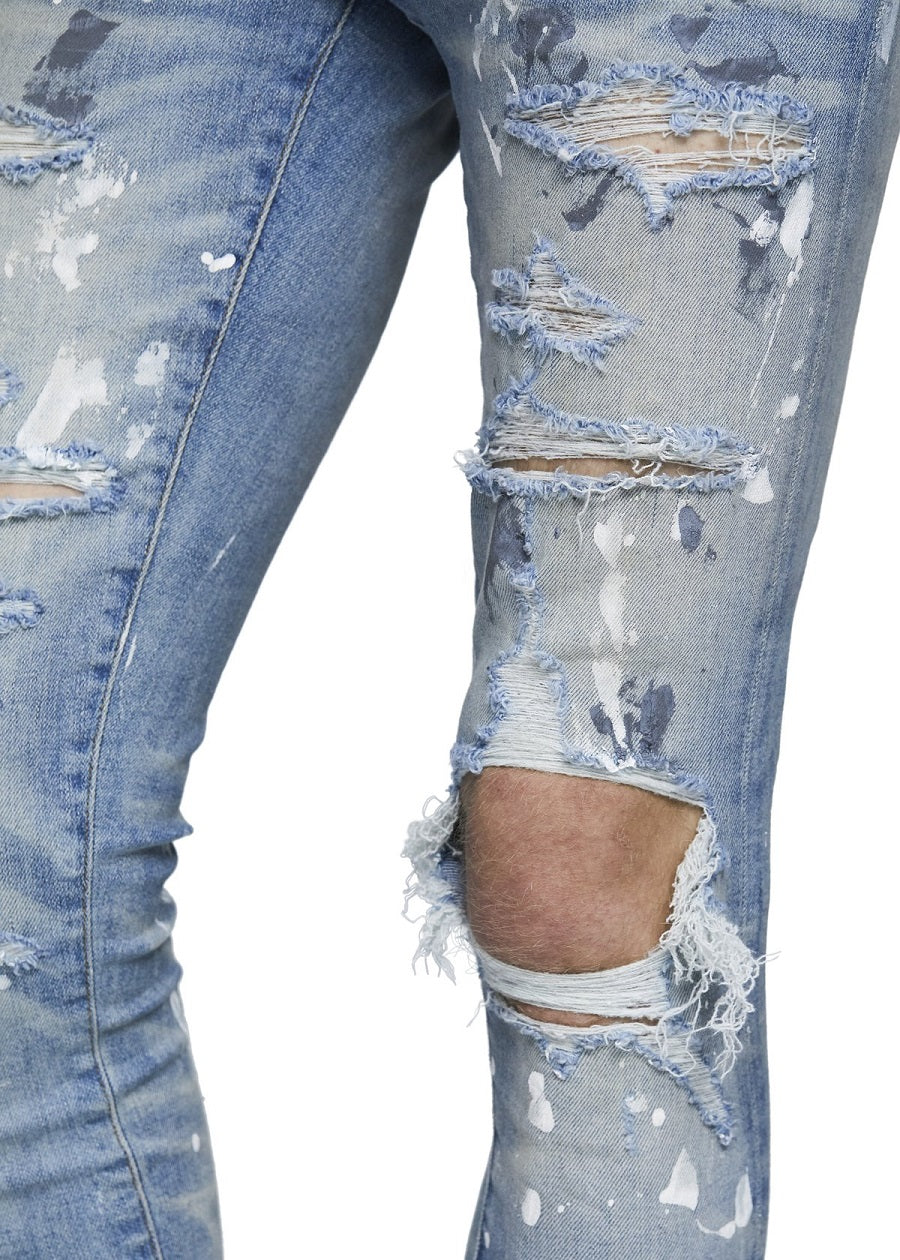 Torn Graffiti Old Wash Stretchy Slim Jeans Men
