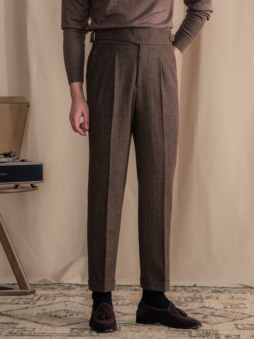 Herringbone Pattern Auger Casual British Tweed Keep Warm High Waist Straight-leg Pants