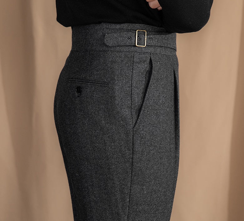 Herringbone Pattern Auger Casual British Tweed Keep Warm High Waist Straight-leg Pants