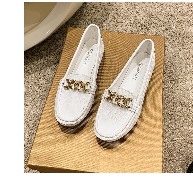 Spring And Autumn New Women's Korean-style Round Toe Low Heel Metal Chain Casual Outdoor