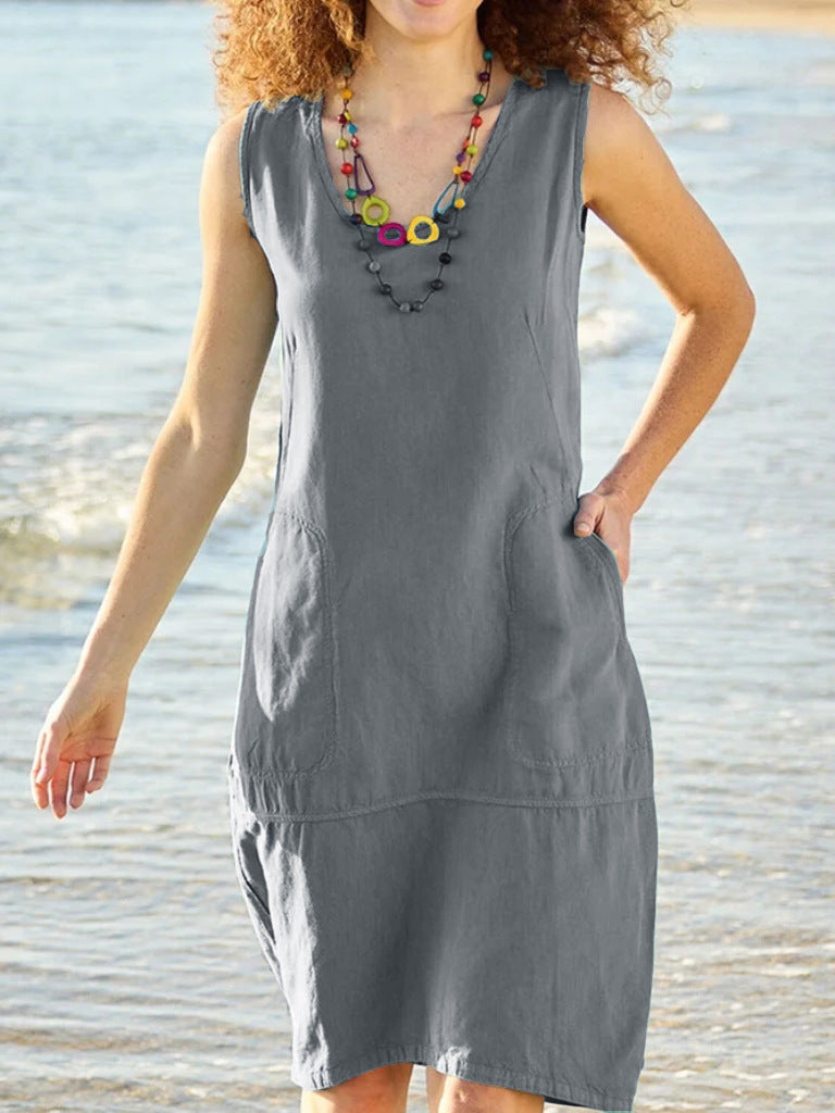 Women's Solid Color Cotton Linen U-collar Sleeveless Pocket Midi Dress