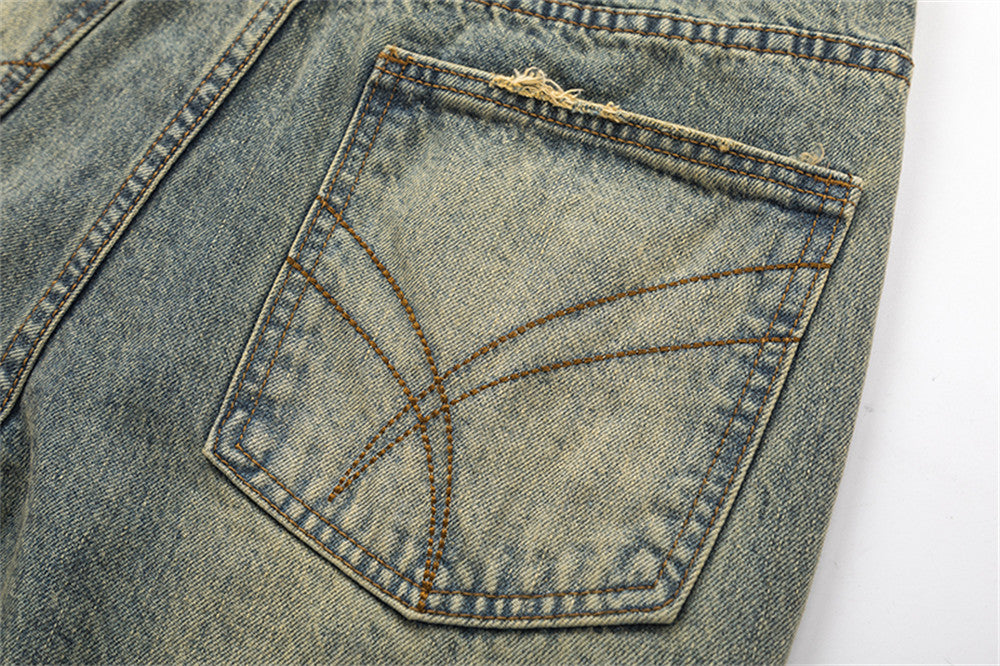 Contrast Color Knee Hole Denim Bell-bottom Pants Men