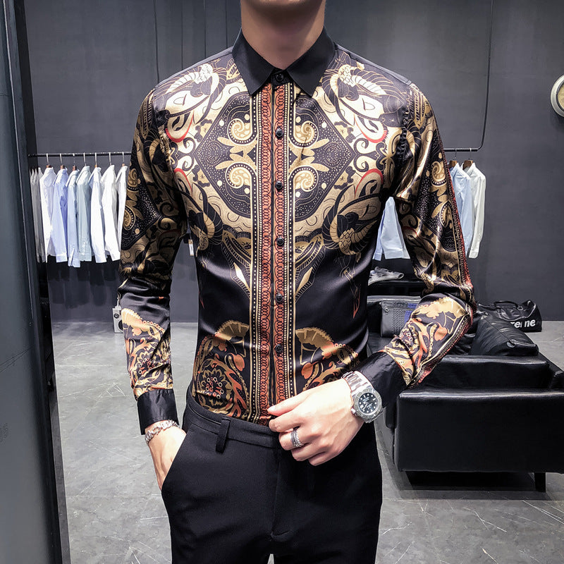 Black Rose Pattern Digital Printing Men's Long-sleeved Shirt