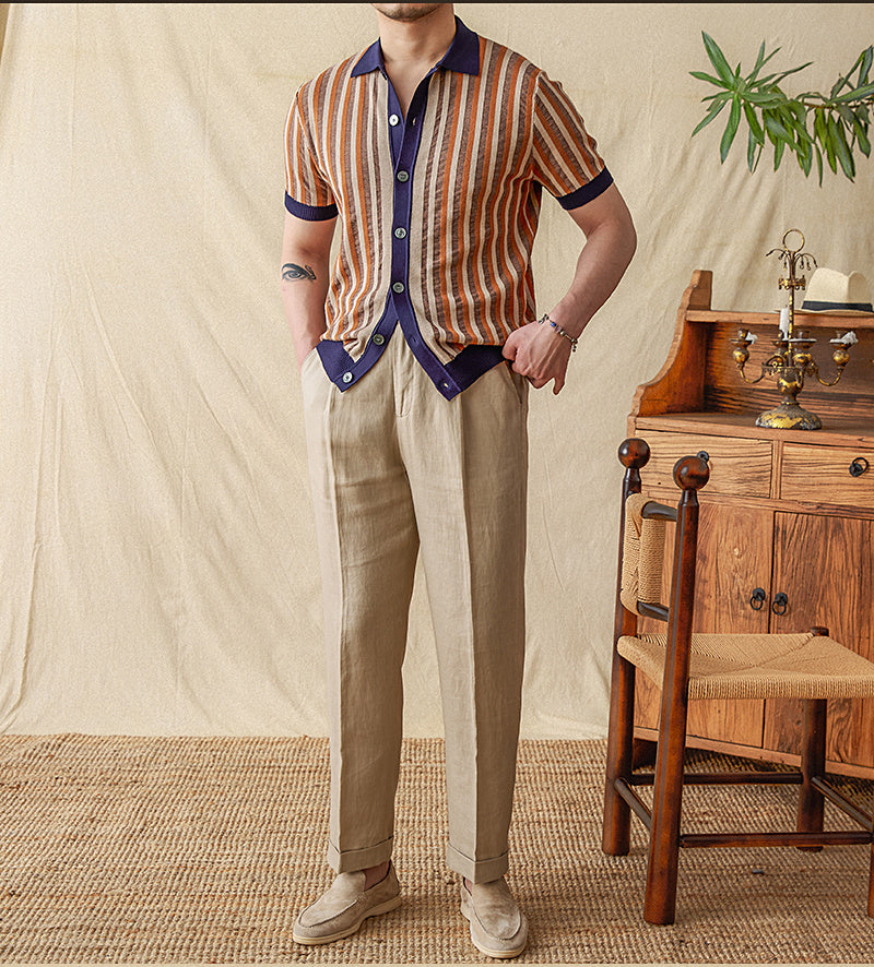 Summer Lapels Striped Jacquard Stitching Knitwear Short Sleeve Men
