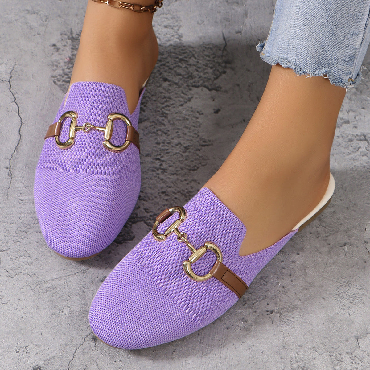 Women's Fashion Solid Color Round Toe Chain Casual Flat Slippers