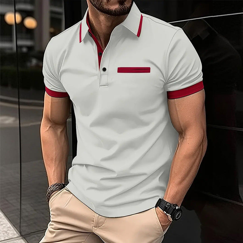 European And American Leisure Polo Shirt Chest Faux Pocket Lapel Button Business T-shirt Color Matching