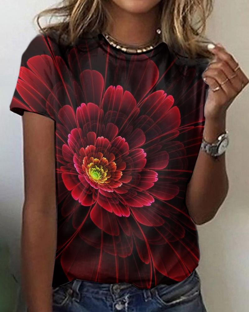 3D Printed Loose Round Neck Short Sleeve T-shirt Top