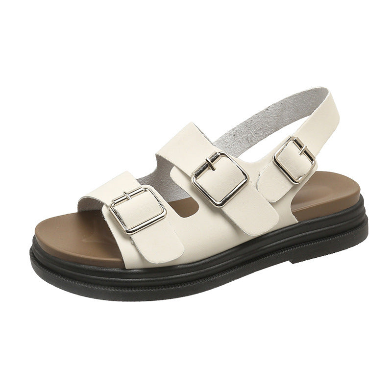 Women's Thick-soled Double-belt Buckle Flat Beach Sandals