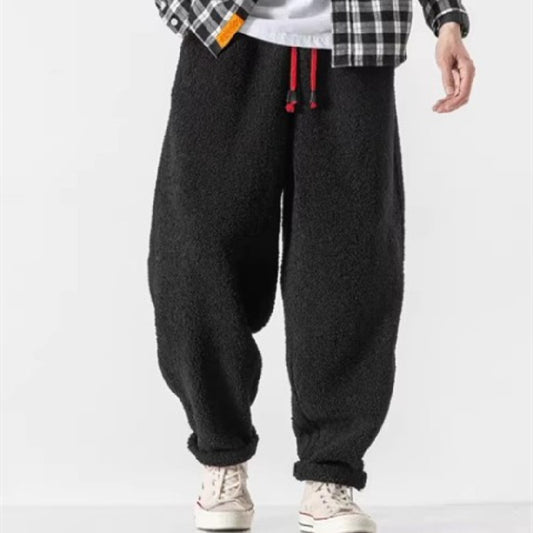 Fall Winter Men Thick Retro Grain Lambswool Thermal Casual Trousers