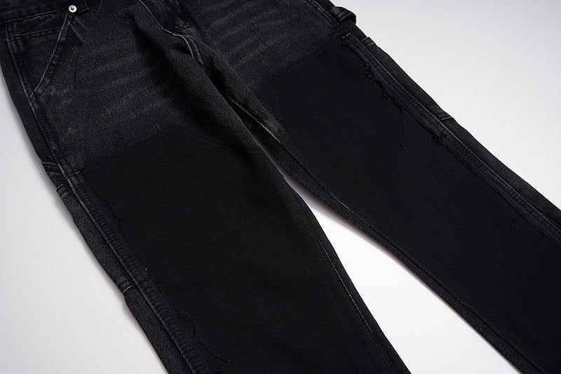 Men's Fashion High Street Stitching Deconstruction Retro Black Slightly Flared Loose Jeans