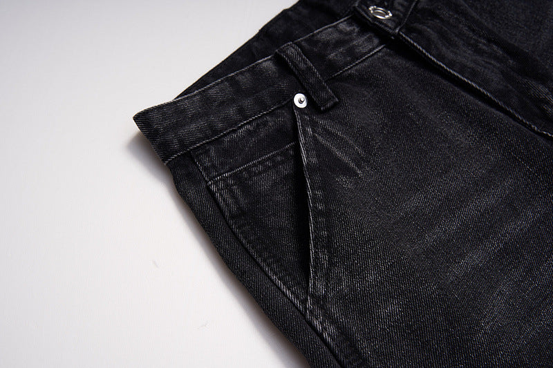 Men's Fashion High Street Stitching Deconstruction Retro Black Slightly Flared Loose Jeans