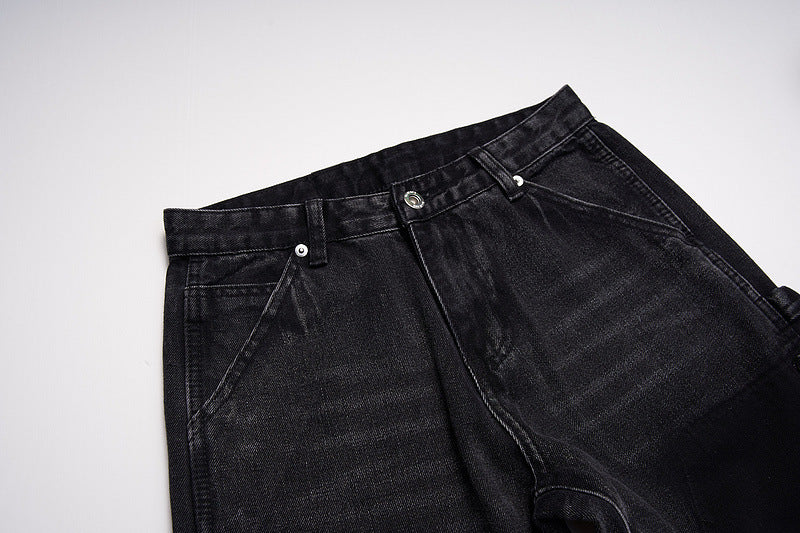 Men's Fashion High Street Stitching Deconstruction Retro Black Slightly Flared Loose Jeans