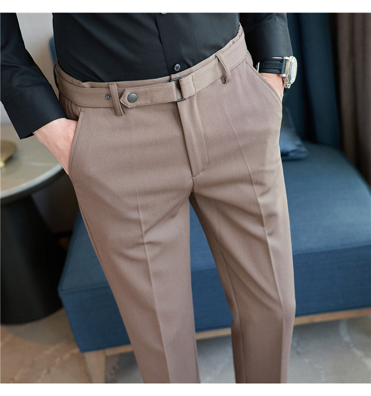 Fall Winter Men's Belt Design Slim-fit Textured Youth Suit Pants