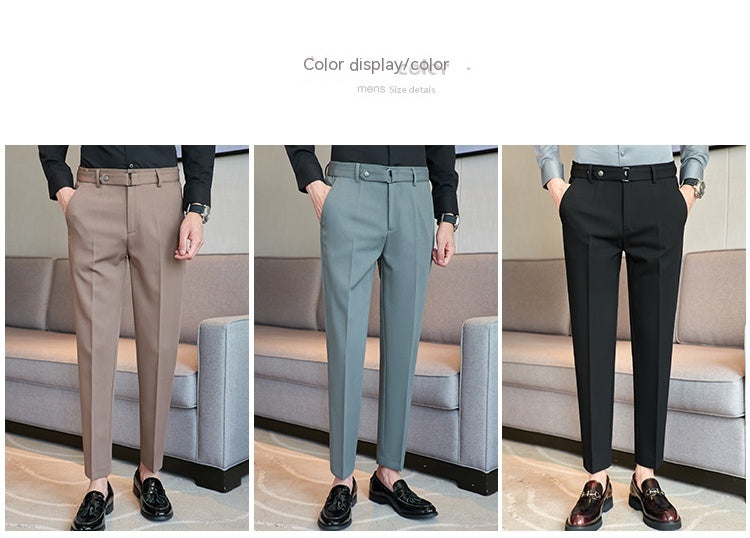 Fall Winter Men's Belt Design Slim-fit Textured Youth Suit Pants