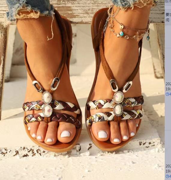 Round Head Woven Fashion Outdoor Sandals Flat Bottom Plus Size