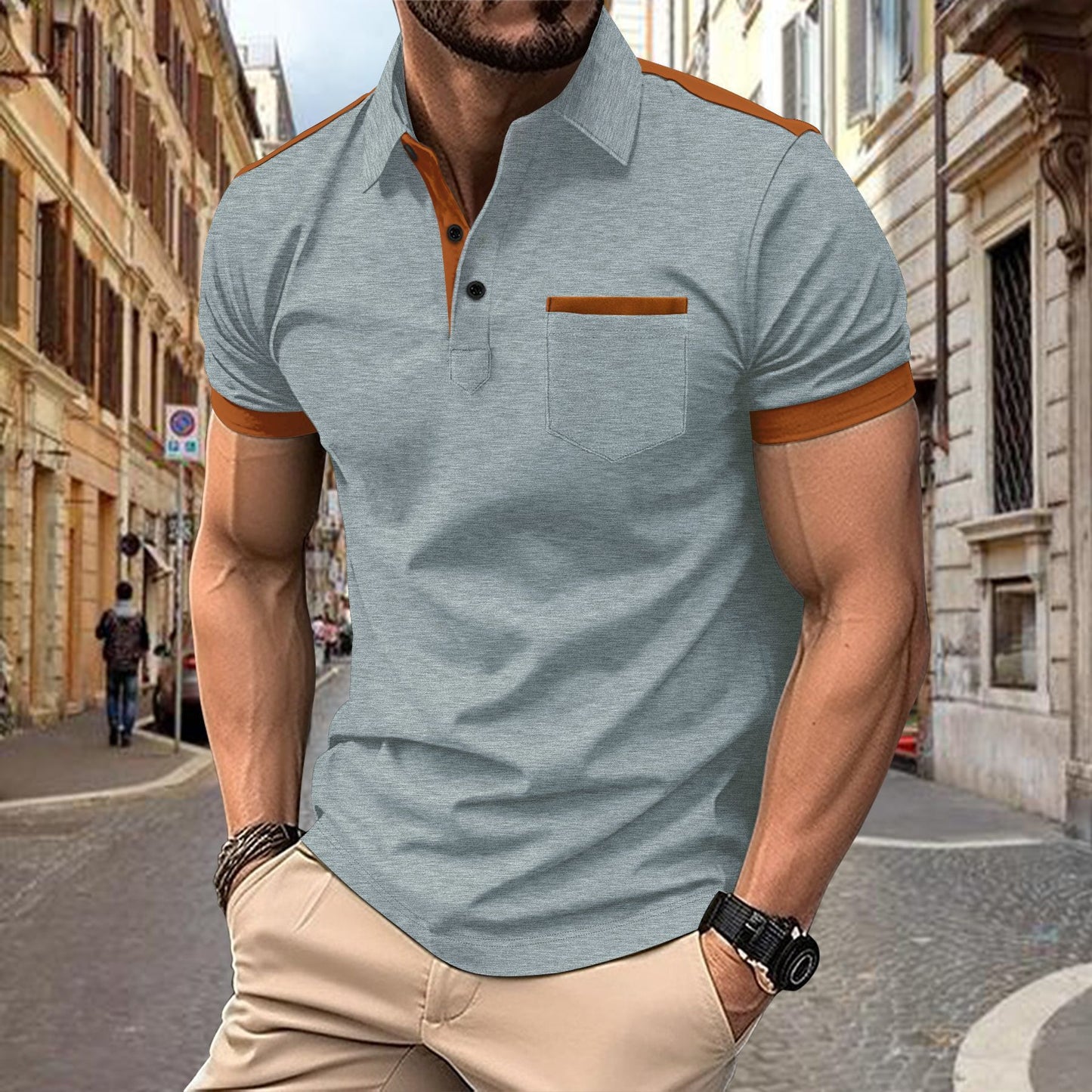 Lapel Button Stitching Color Matching All-match T-shirt